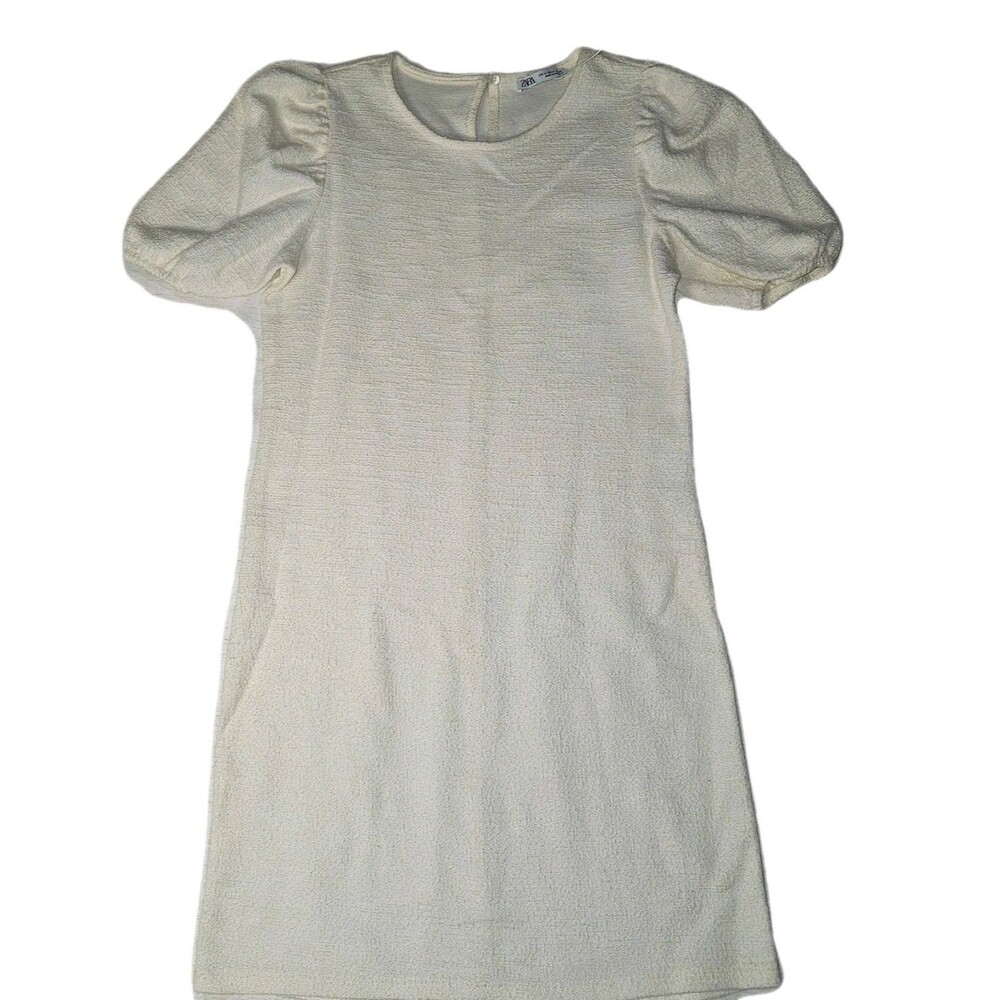 Zara M Cream Baby Doll Dress Puff Sleeve Mini Crew Neck Cotton Cottagecore Fairy
